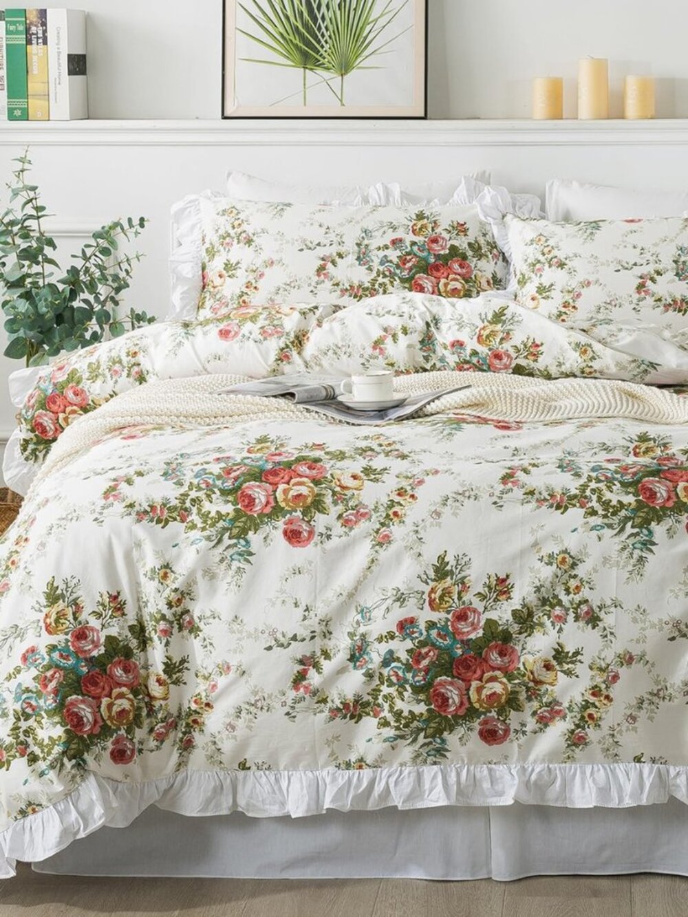 Floral Duvet Cover Set King/Cal King（102×96 inches） 100% Cotton Ruffle Vintage